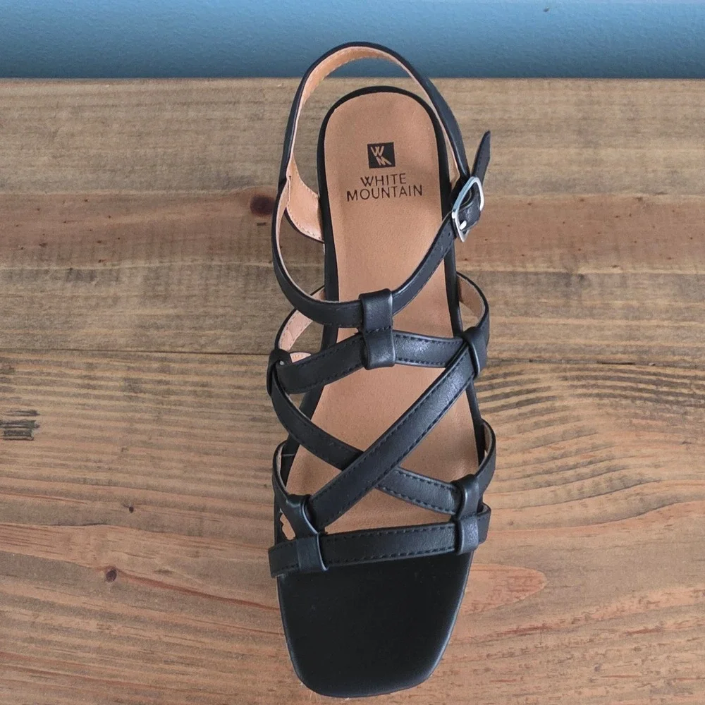 White‎ Mountain Womens Swayze Espadrille Wedge Sandal Black Strappy Buckle 6.5